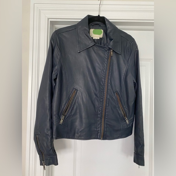 By Anthropologie Women's Navy Vegan Leather Jacket - Picture 1 of 2
